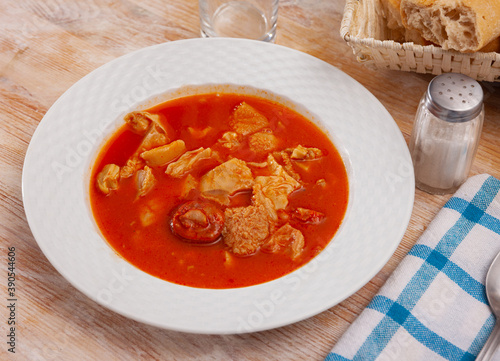 Plate of delicious boiled beef tripe with chorizo and broth