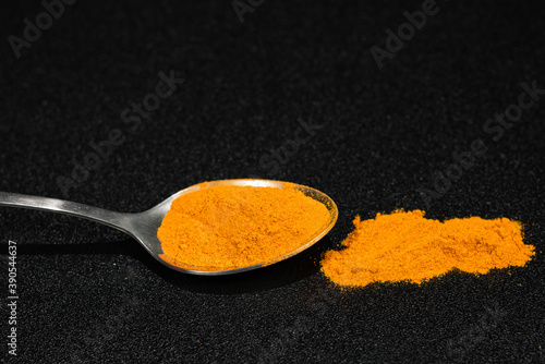  Turmeric Powder in Steel Spoon and on black board