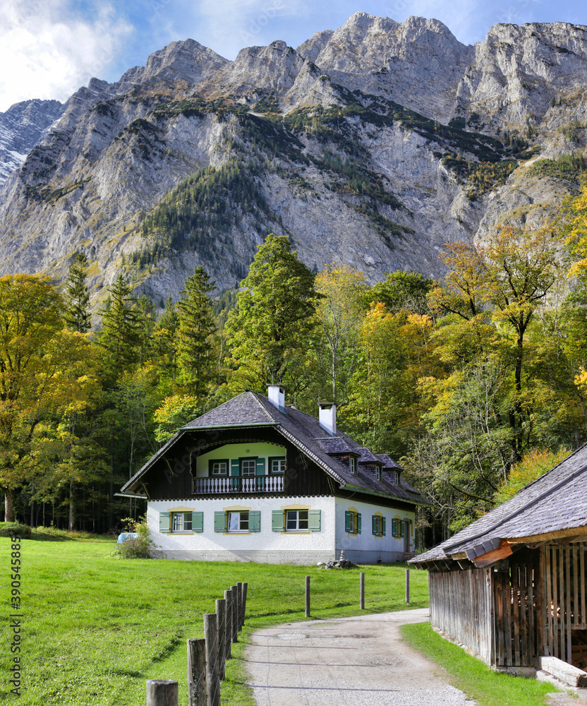 Wooden house in the alpine village.