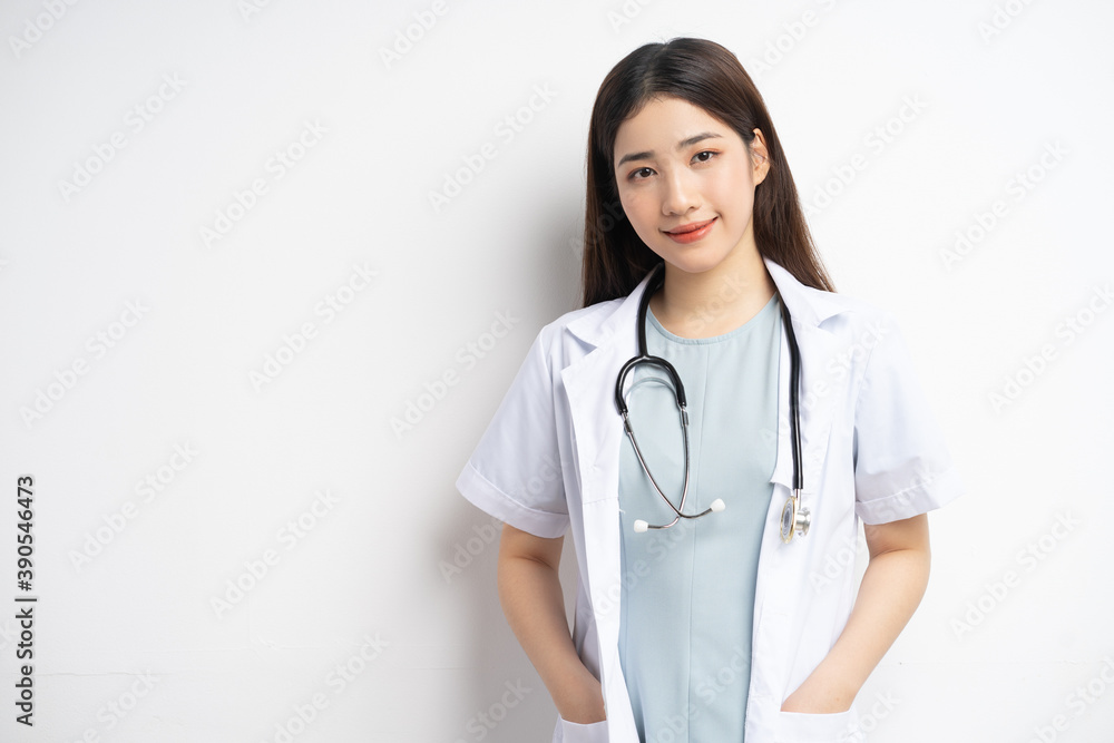 portrait asian female doctor smiling on white background portrait asian female doctor smiling on white background