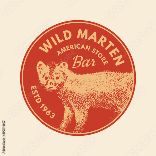 Wild animals stickers in vintage style. Forest or pine marten. Retro monochrome badge or label. Northern European Beasts. Hand drawn sketch.