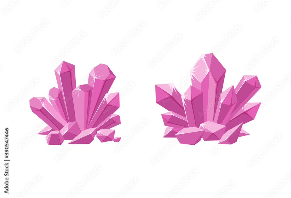 Pink crystals or prescious gemstones. Shimmering crystal jewel with magic sparkles isolated in white background. Vector illustration in cartoon style