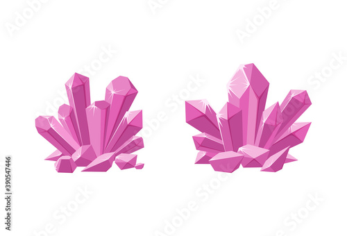 Pink crystals or prescious gemstones. Shimmering crystal jewel with magic sparkles isolated in white background. Vector illustration in cartoon style