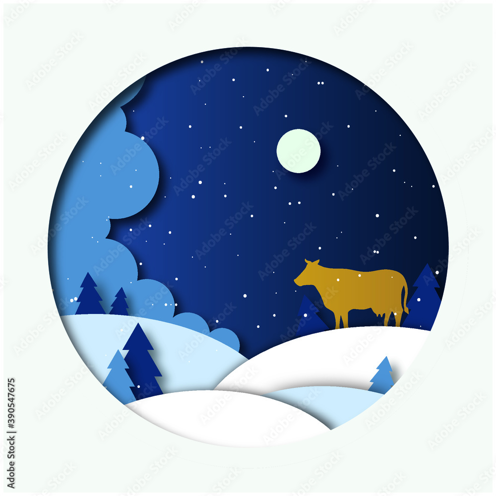 Obraz premium Merry Christmas, Happy New Year vector illustration - golden cow, symbol of the year 2021, in winter forest. 