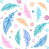 Colorful boho style feathers and beads. Vector seamless pattern.