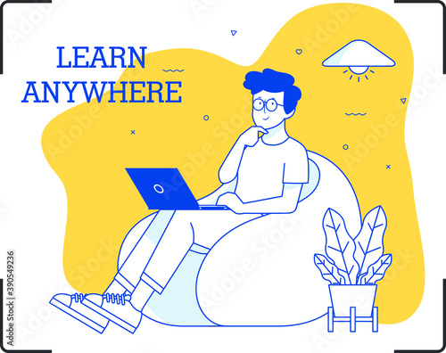 person with laptop, boy attending online class flat design illustration 