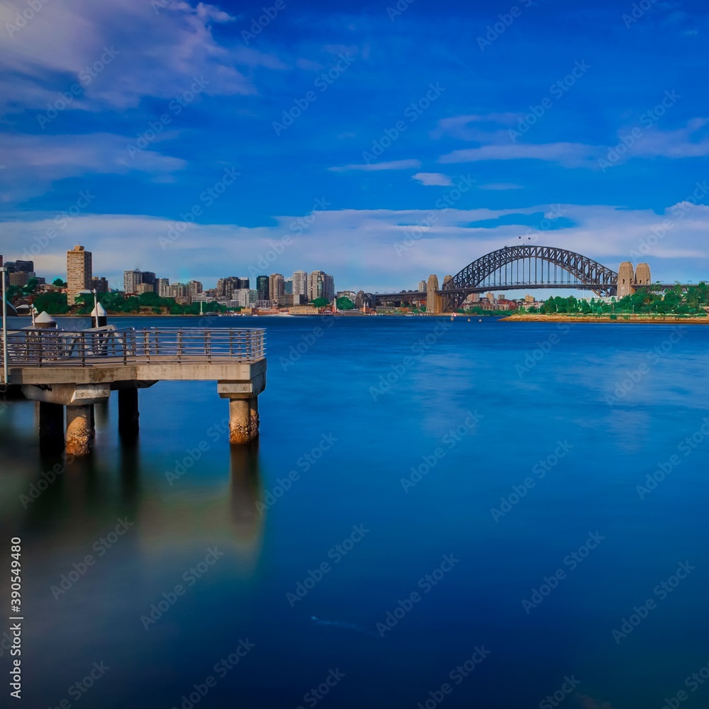 Camera Shutter Long Exposure view of Sydney Harbour Branagaroo Darling Harbour and Sydney CBD viewed from Balmain wharf