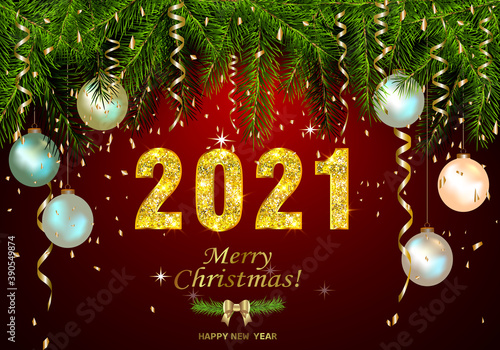 Happy New Year 2021 background with golden sparkling texture. Gold numbers 1, 2, 0, 21 . Postcard with silver, pearly Christmas tree toys. Vector Illustration for holiday greeting card.