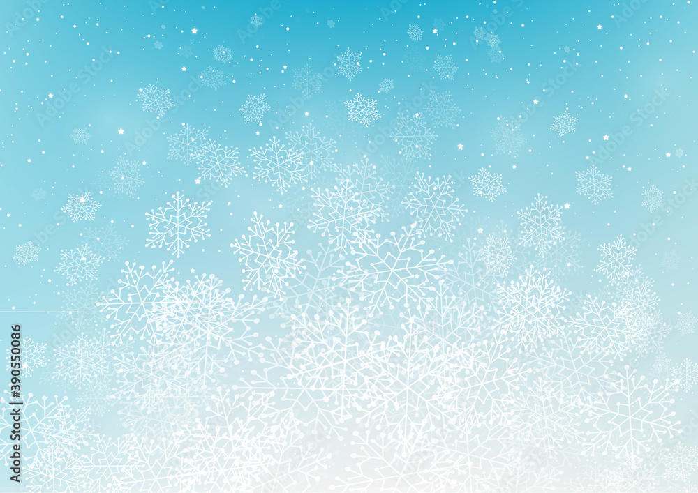 Christmas greeting card with shiny snowflakes on blue - vector background for winter holiday design