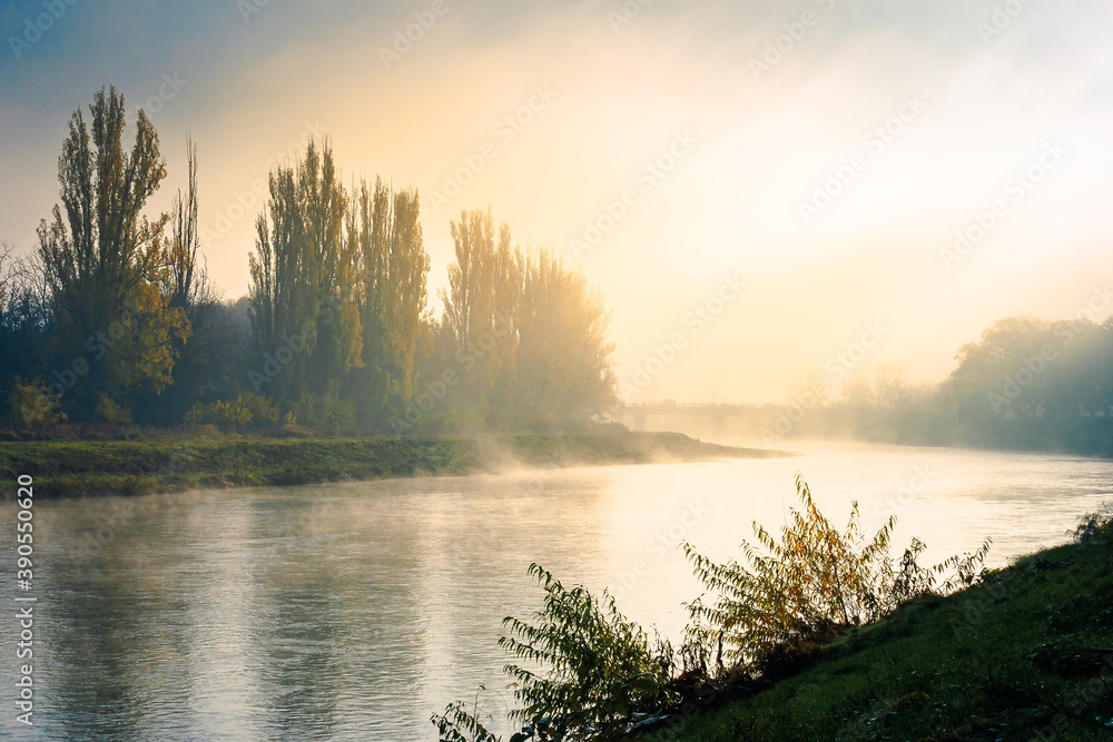 Fototapeta premium misty morning sunrise on the river. beautiful autumnal scenery with glowing sky. bridge in the distance. pravoslavna embankment of uzhgorod, ukraine