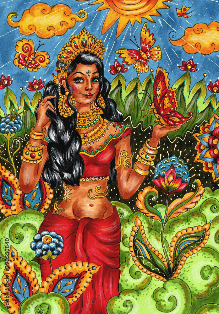 Beautiful Hindu Goddess in Red Traditional Dress, Golden Ornaments with butterflies, colorful illustration