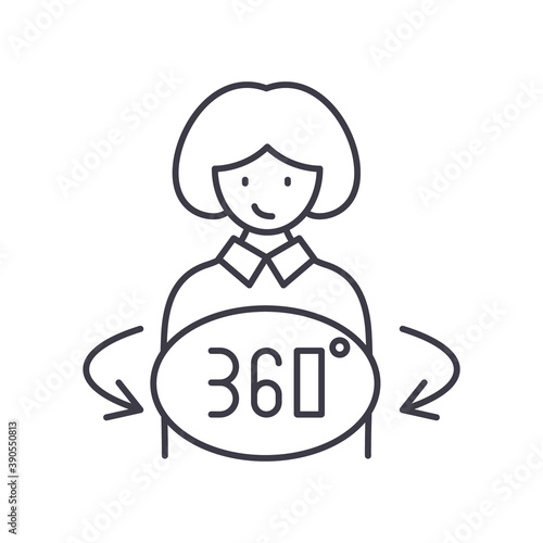 360 degree person icon, linear isolated illustration, thin line vector, web design sign, outline concept symbol with editable stroke on white background.