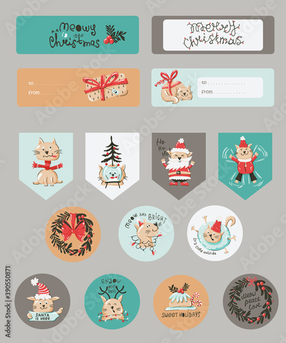 Christmas set with Christmas notes, stickers, labels, stamps, tags with winter christmas illustrations.