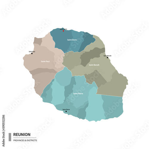 Reunion higt detailed map with subdivisions. Administrative map of Reunion with districts and cities name, colored by states and administrative districts. Vector illustration 