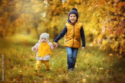 boy and girl brother and sister walking in the Park in autumn, laughing, playing, October, yellow leaves, Golden autumn, happy childhood