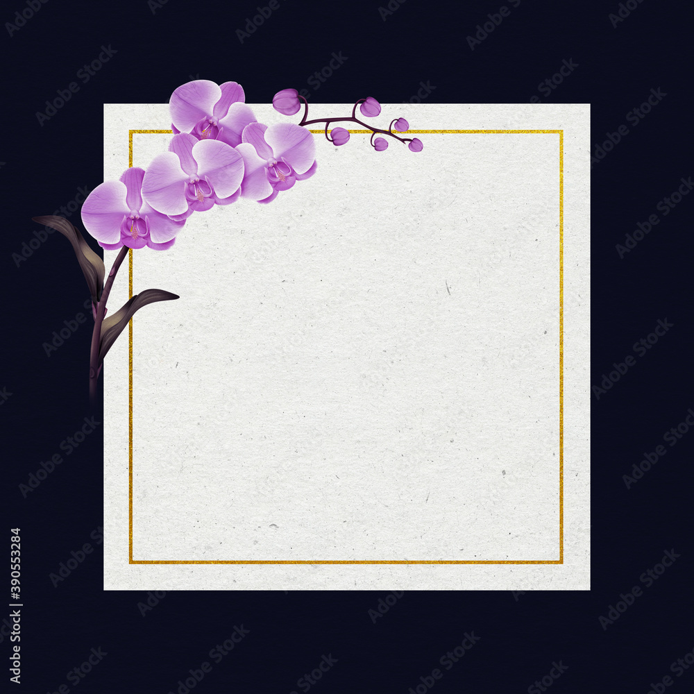 Premium Wedding invitation Template of Orchid flowers and leaves with golden yellow frame. Wedding invitation, thank you card, save the date cards. Wedding invitation.	