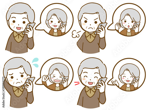 同年代女性と電話で話す老年男性