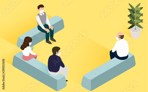 病院の待合室で待つ人たちのイラスト　アイソメトリック