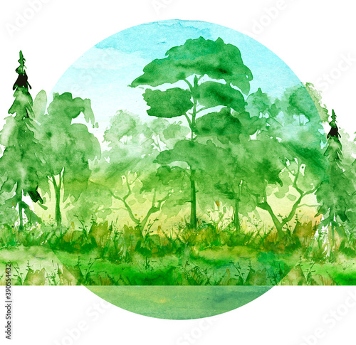 Summer landscape, forest, park. Silhouettes of trees and bushes. Mixed forest - oak, ash, maple, birch, pine, cedar, spruce. Watercolor paint splash. Scenery.Watercolor painting. Environmental poster