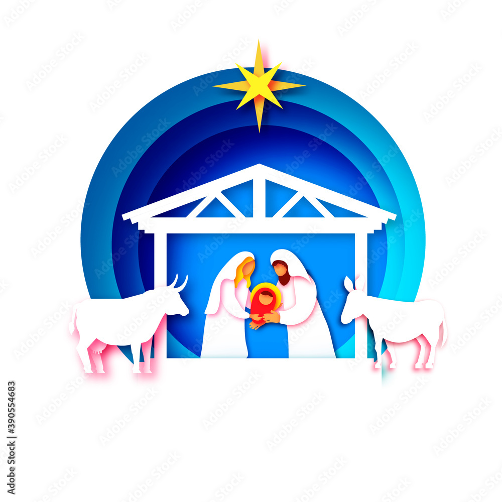 Obraz premium Baby Jesus Christ. Holy Child and Family. Mary and Joseph. Birth of Christ.Star of Bethlehem - East comet. Nativity Christmas in paper art style. Happy New Year. Animals. Blue.
