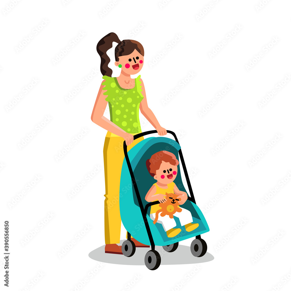 Woman Carrying Small Child In Stroller Baby Vector Woman Carrying Small Child In Stroller Baby Vector
