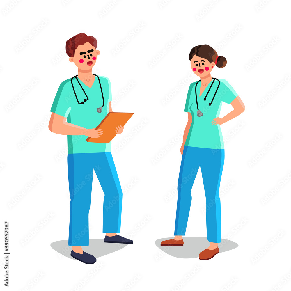 Fototapeta premium Nurse Man And Woman Medical Workers Talking Vector