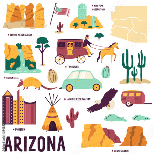 Set of symbols, landmarks, objects of Arizona State, USA.