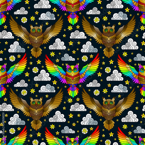 Seamless pattern with owls, stars and clouds, birds on a dark background