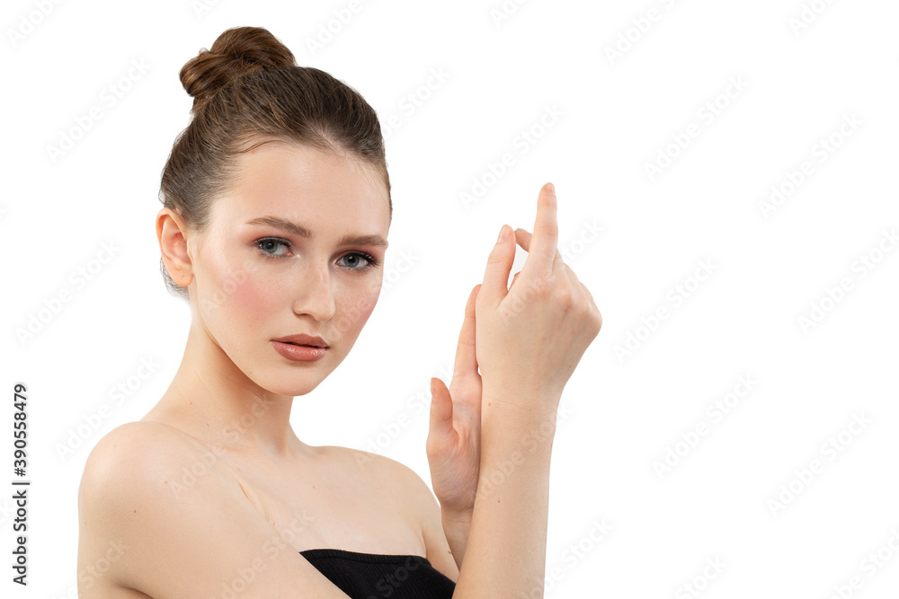 Woman with clean skin and makeup. White background.copycpase Woman with clean skin and makeup. White background.copycpase