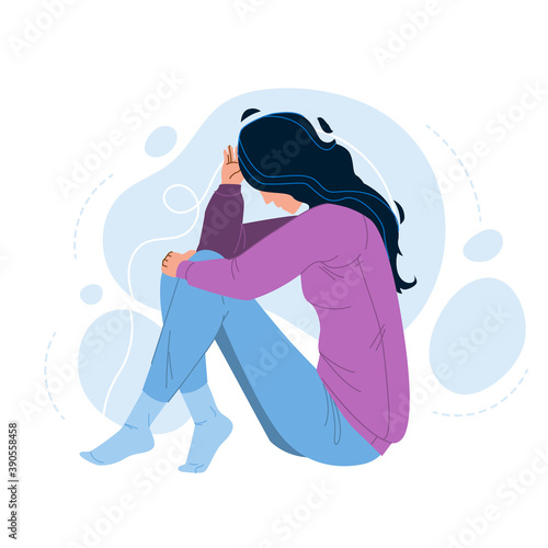 Loneliness Unhappy Woman Sitting On Floor Vector