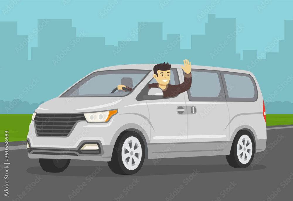Happy young male driver leaning out of the new modern van window. Man sitting in a car on driver's place and raising his hand. Flat vector illustration template.