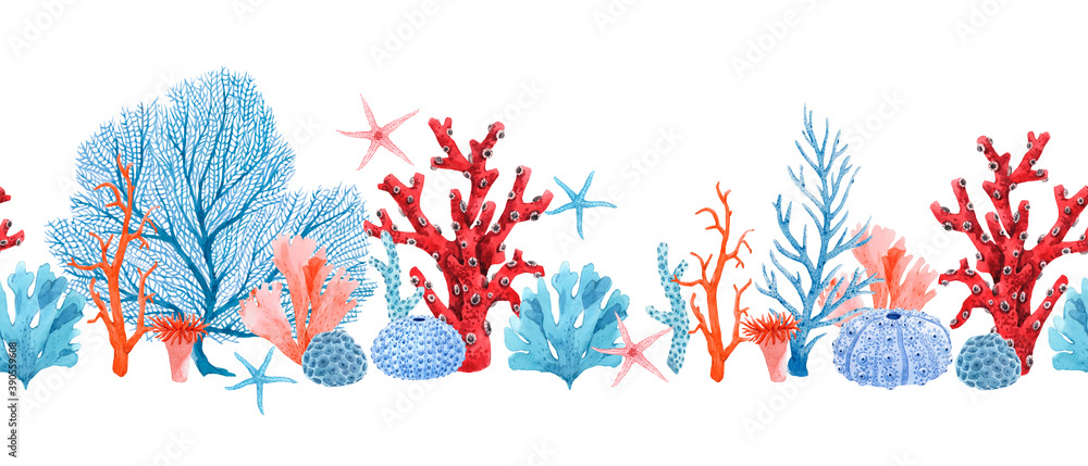 Plakat Beautiful horizontal seamless underwater pattern with watercolor starfish and corals. Stock illustration.