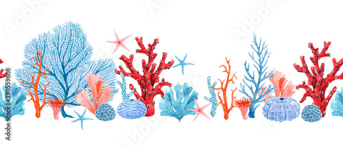 Beautiful horizontal seamless underwater pattern with watercolor starfish and corals. Stock illustration.
