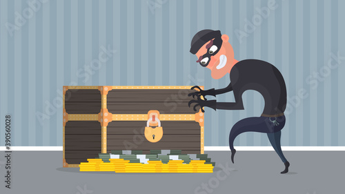 The robber steals a retro chest with money. Thief and Antique Wooden Chest. Vector.