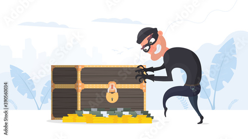 The robber steals a retro chest with money. Thief and Antique Wooden Chest. Vector.