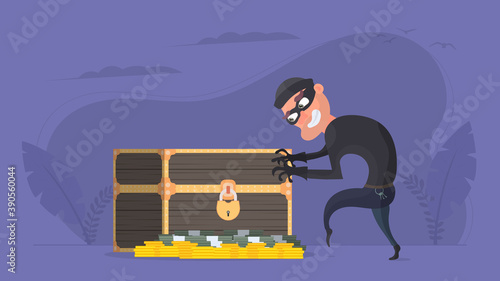 The robber steals a retro chest with money. Thief and Antique Wooden Chest. Vector.