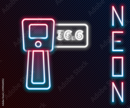 Glowing neon line Digital contactless thermometer with infrared light icon isolated on black background. Colorful outline concept. Vector.