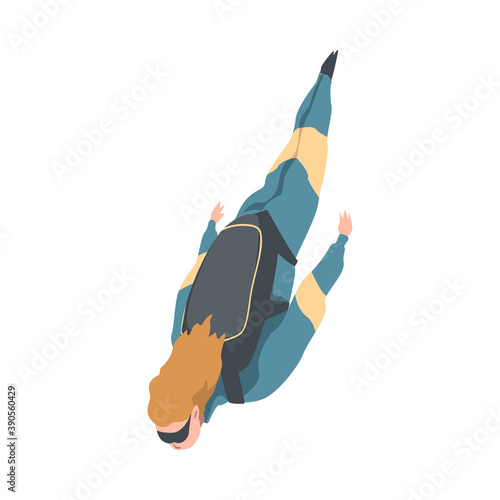 Woman Skydiver Doing Base Jump, Girl Jumping with Parachute in Sky, Skydiving Extreme Sport Cartoon Style Vector Illustration