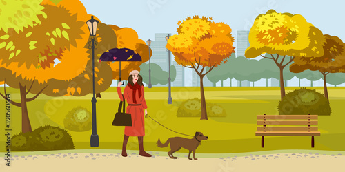 Autumn Park Young woman walks with dog  yellow orange red foliage trees  walkway bench. Fall mood outdoor cityscape. Vector isolated illustration