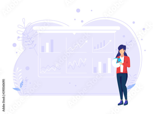 Woman give presentations to big screens online. digital concepts, remote work, and business communications. Modern flat vector illustration.