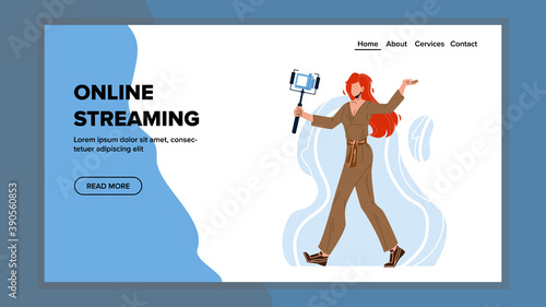 Online Streaming Video Young Woman Blogger Vector