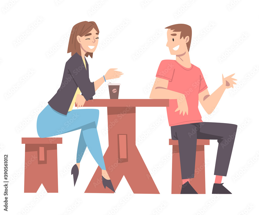 Young Couple Sitting at Table in Cafe, Drinking Coffee and Chatting Cartoon Style Vector Illustration Young Couple Sitting at Table in Cafe, Drinking Coffee and Chatting Cartoon Style Vector Illustration