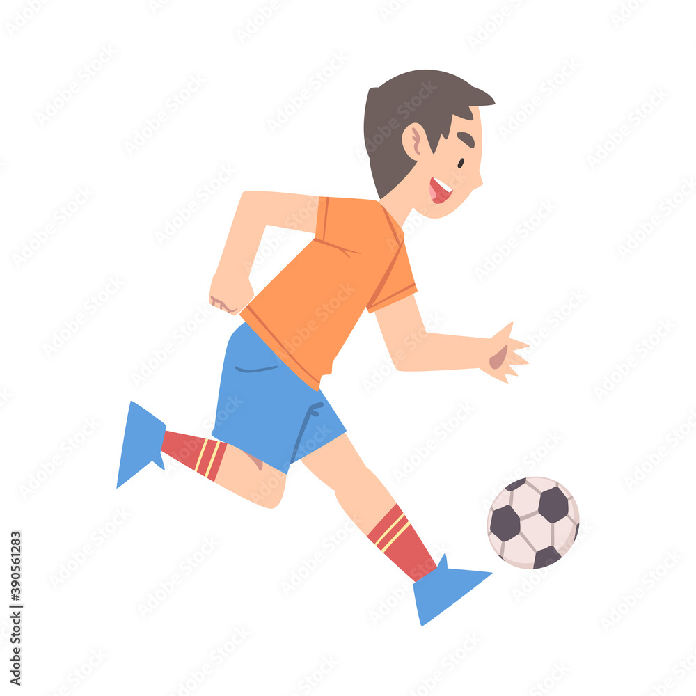 Cute Boy Playing Soccer in Park, Kid Doing Sports, Summer Outdoor Activities Cartoon Style Vector Illustration