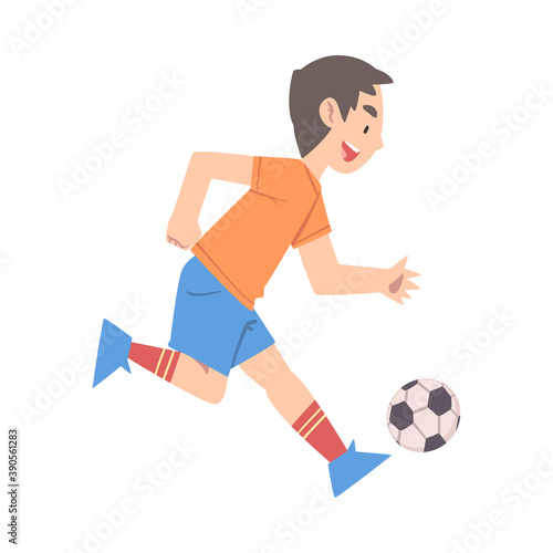 Cute Boy Playing Soccer in Park  Kid Doing Sports  Summer Outdoor Activities Cartoon Style Vector Illustration