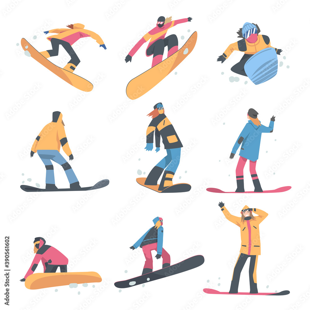 People Snowboarding in Mountains Set, Snowboarders Characters Dressed in Winter Clothing Jumping, Extreme Sport Activities, Winter Vacation Cartoon Style Vector Illustration