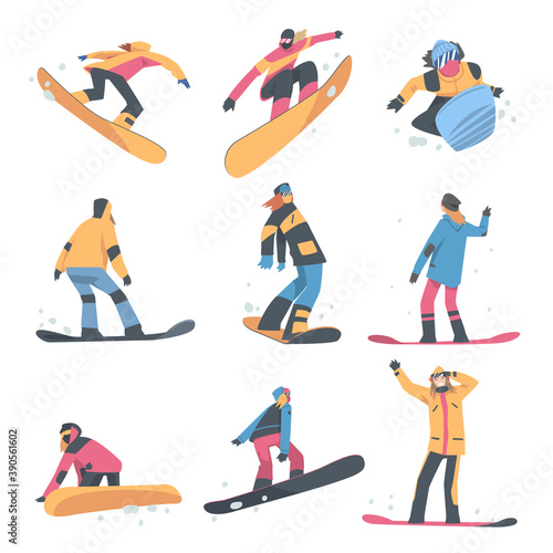 People Snowboarding in Mountains Set, Snowboarders Characters Dressed in Winter Clothing Jumping, Extreme Sport Activities, Winter Vacation Cartoon Style Vector Illustration