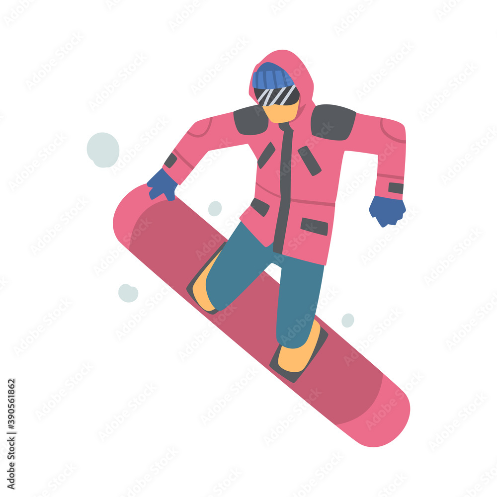 Fototapeta premium Man Snowboarder Character Dressed in Winter Clothing and Goggles in Jump, Extreme Sport Activities, Winter Vacation Cartoon Style Vector Illustration