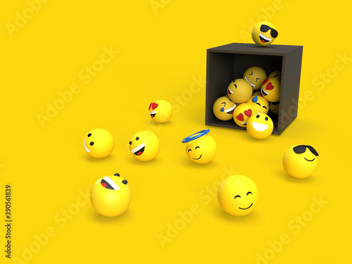3d emoji with black box on the floor social media concept with yellow background color rendered Premium Photo