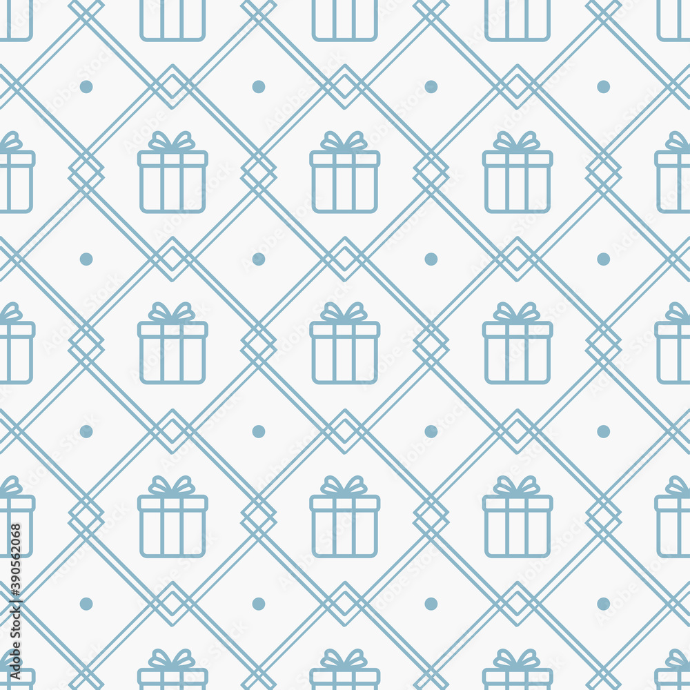 Geometrical seamless pattern with gift boxes in rhombuses; for wrapping paper, greeting cards.
