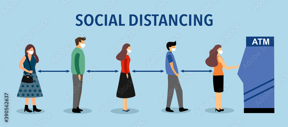 People wearing medical face mask and keep distancing while waiting in line for ATM. Social distancing awareness in Covid19 Coronavirus epidemic outbreak.